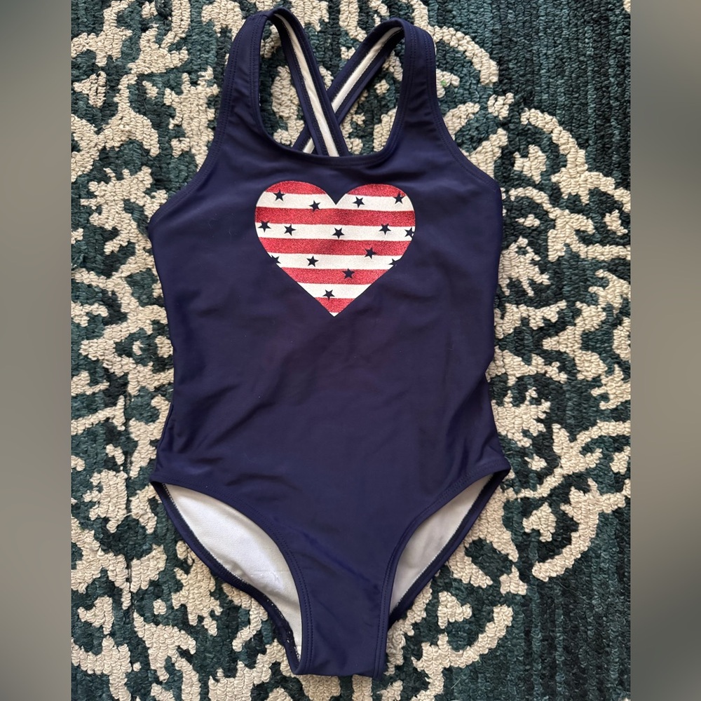 Cat & Jack Blue and Red One Piece Swimsuit Heart Design